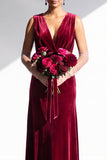 Terracotta Velvet Sheath V-Neck Long Wedding Guest Dress