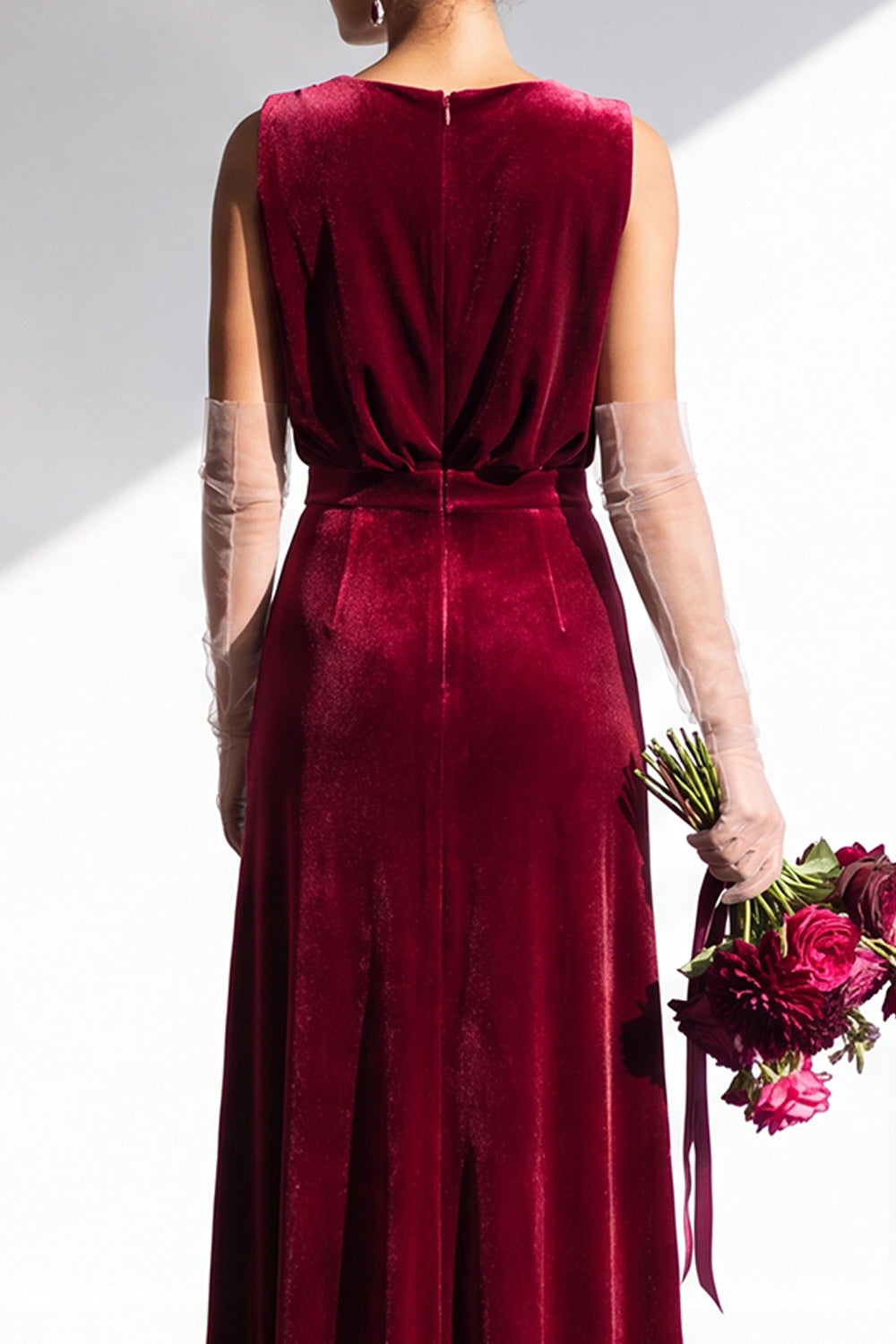 Terracotta Velvet Sheath V-Neck Long Wedding Guest Dress