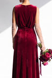 Terracotta Velvet Sheath V-Neck Long Wedding Guest Dress