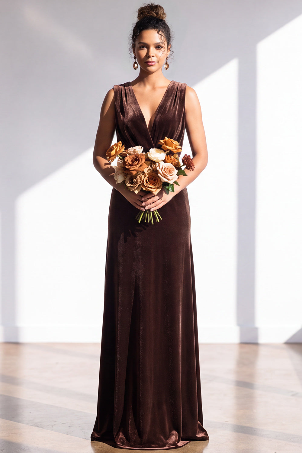 Terracotta Velvet Sheath V-Neck Long Wedding Guest Dress