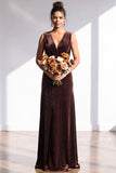 Terracotta Velvet Sheath V-Neck Long Wedding Guest Dress