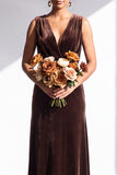 Terracotta Velvet Sheath V-Neck Long Wedding Guest Dress