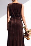 Terracotta Velvet Sheath V-Neck Long Wedding Guest Dress