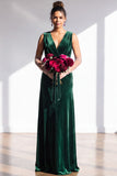 Terracotta Velvet Sheath V-Neck Long Wedding Guest Dress