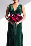 Terracotta Velvet Sheath V-Neck Long Wedding Guest Dress