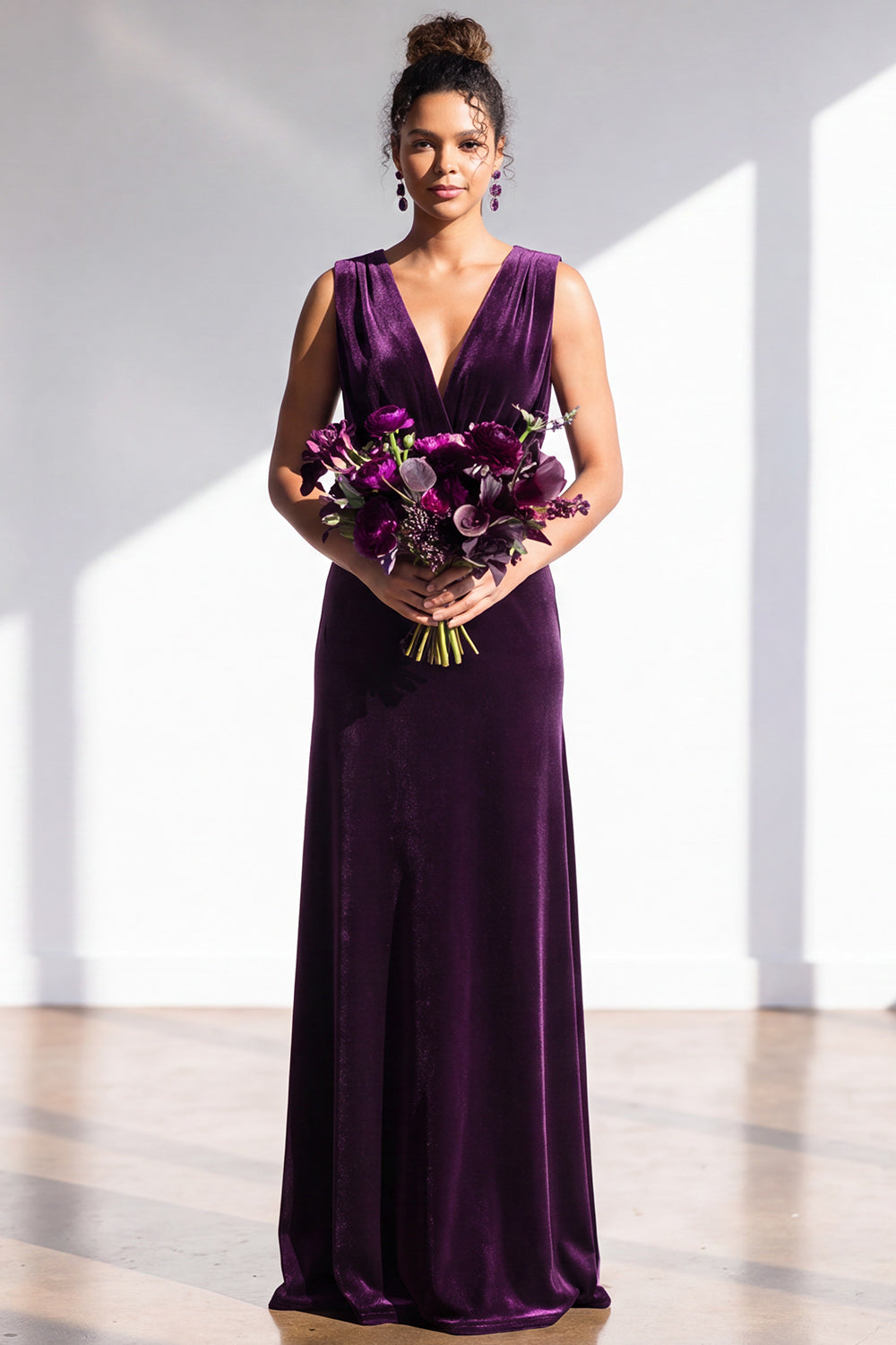 Terracotta Velvet Sheath V-Neck Long Wedding Guest Dress