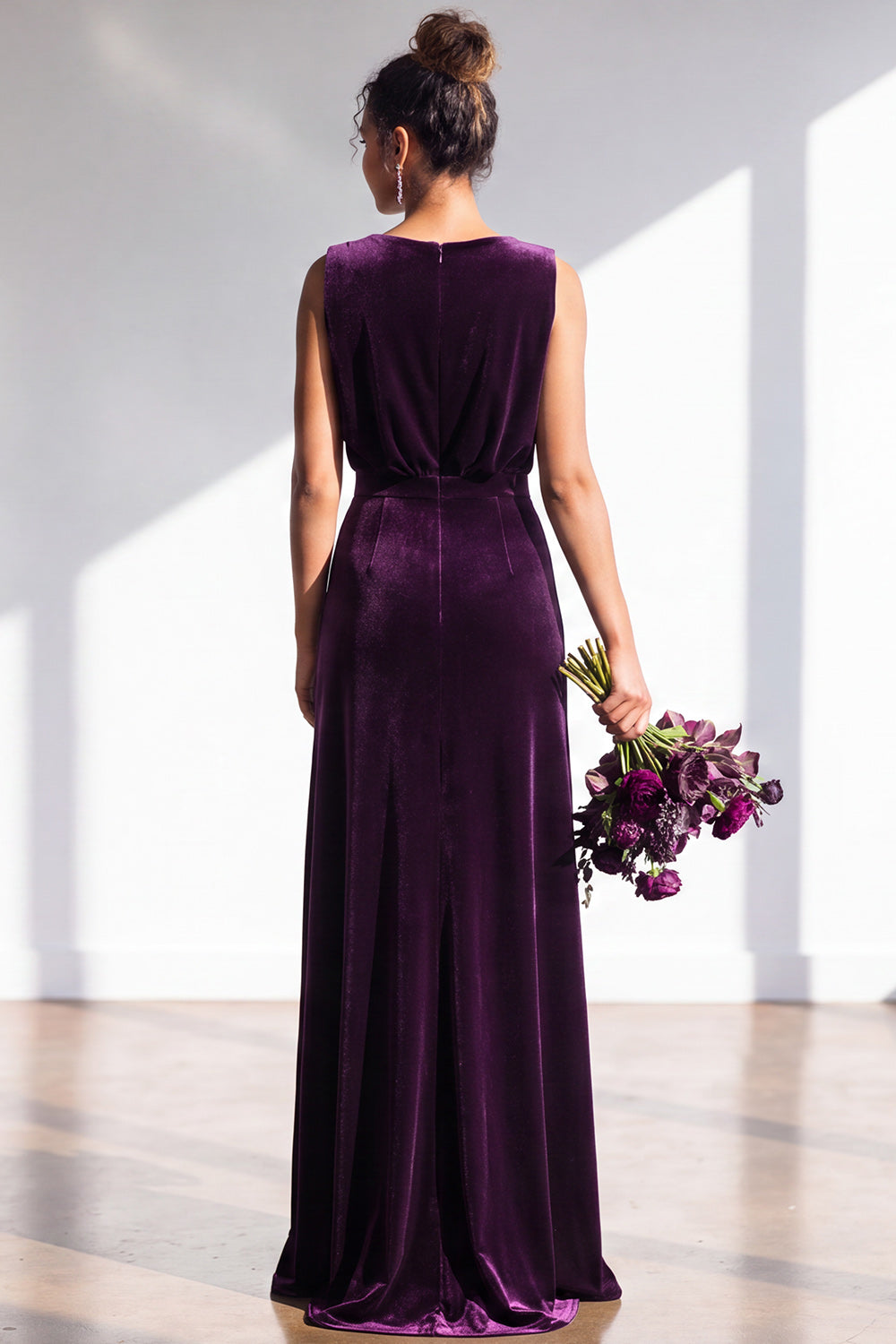 Terracotta Velvet Sheath V-Neck Long Wedding Guest Dress