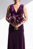 Terracotta Velvet Sheath V-Neck Long Wedding Guest Dress
