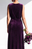 Terracotta Velvet Sheath V-Neck Long Wedding Guest Dress