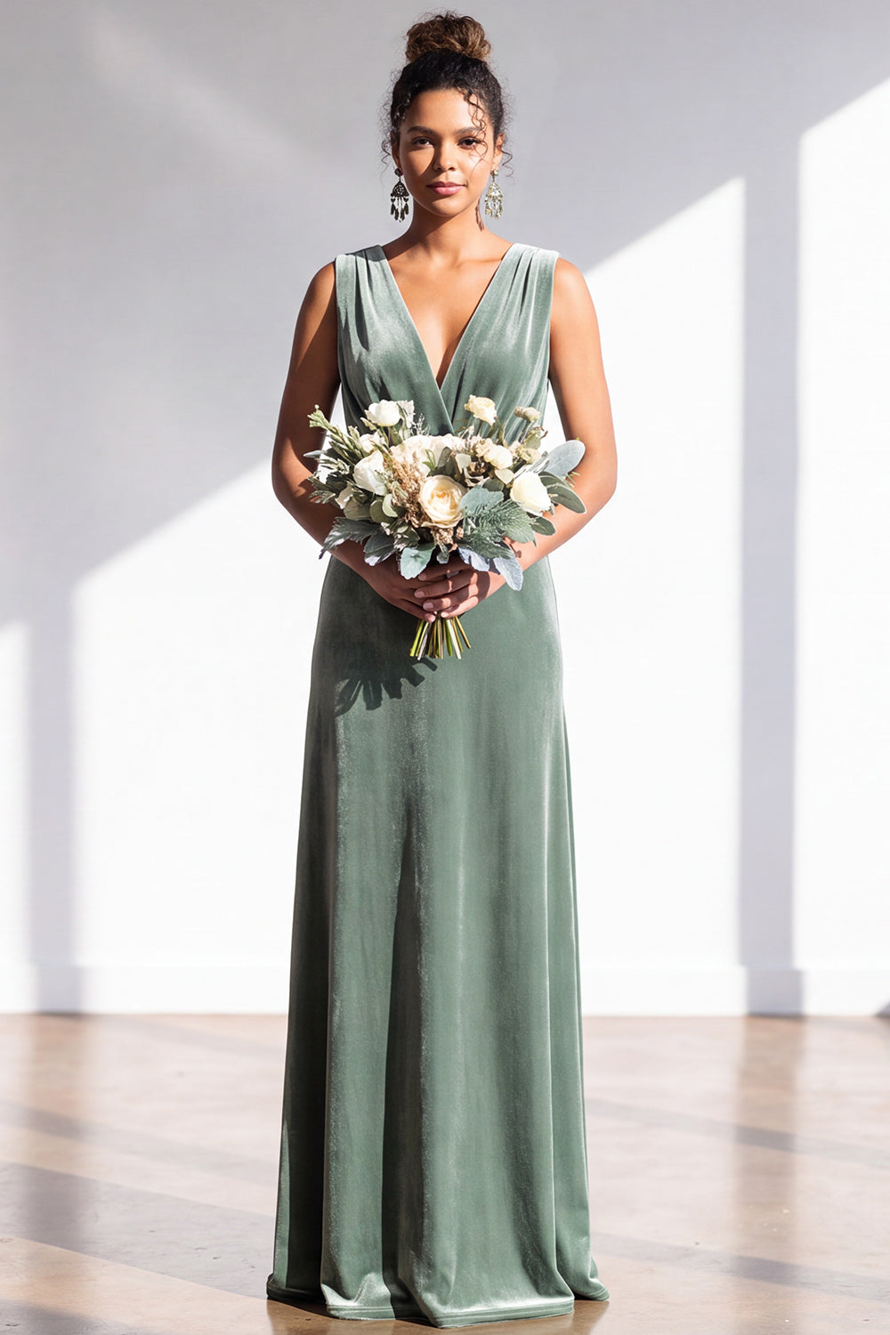 Terracotta Velvet Sheath V-Neck Long Wedding Guest Dress