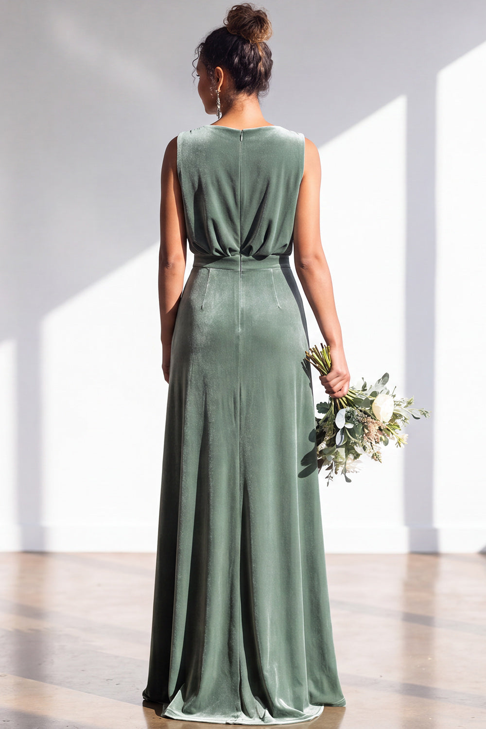 Terracotta Velvet Sheath V-Neck Long Wedding Guest Dress
