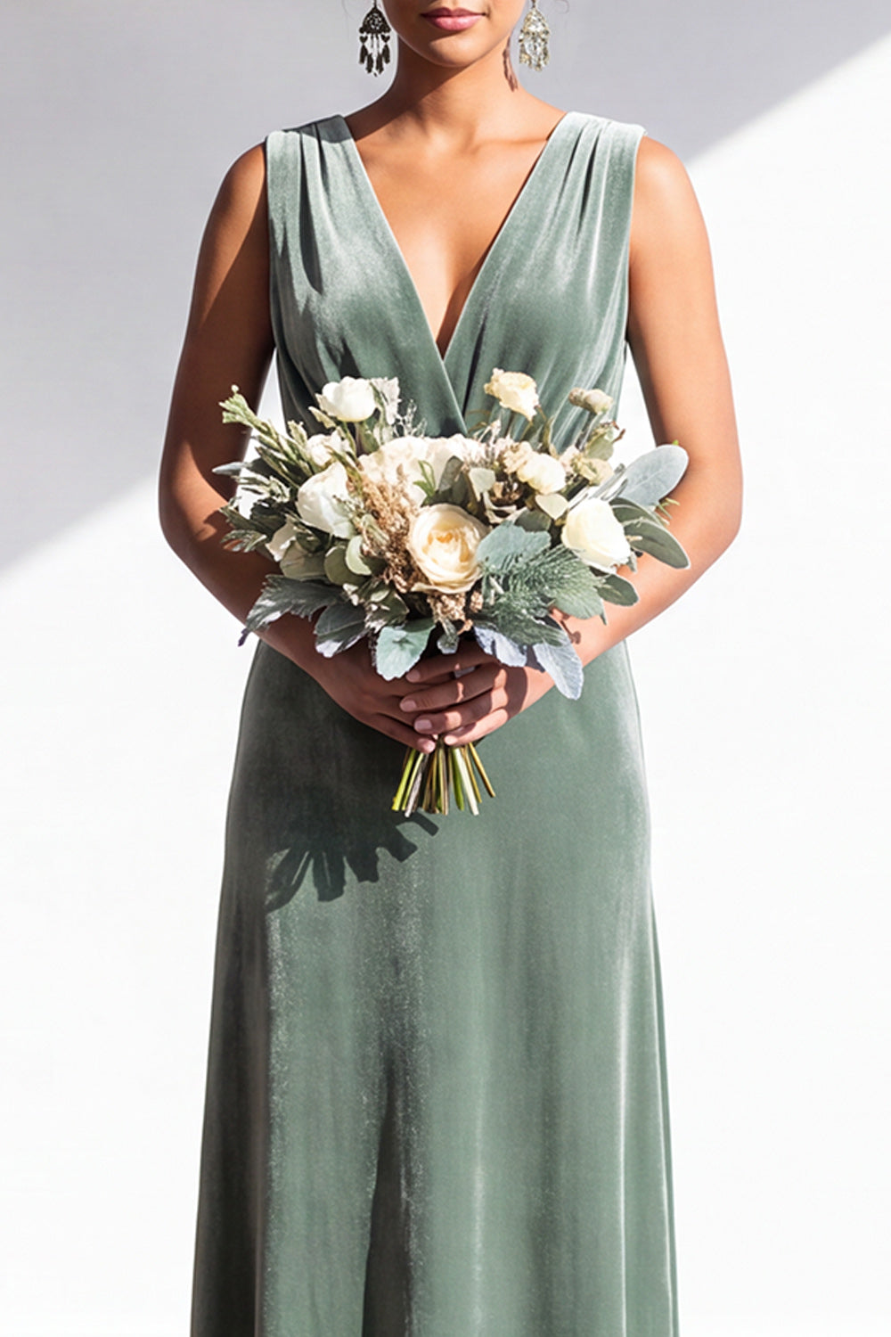 Terracotta Velvet Sheath V-Neck Long Wedding Guest Dress