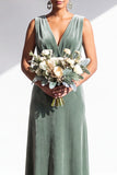 Terracotta Velvet Sheath V-Neck Long Wedding Guest Dress