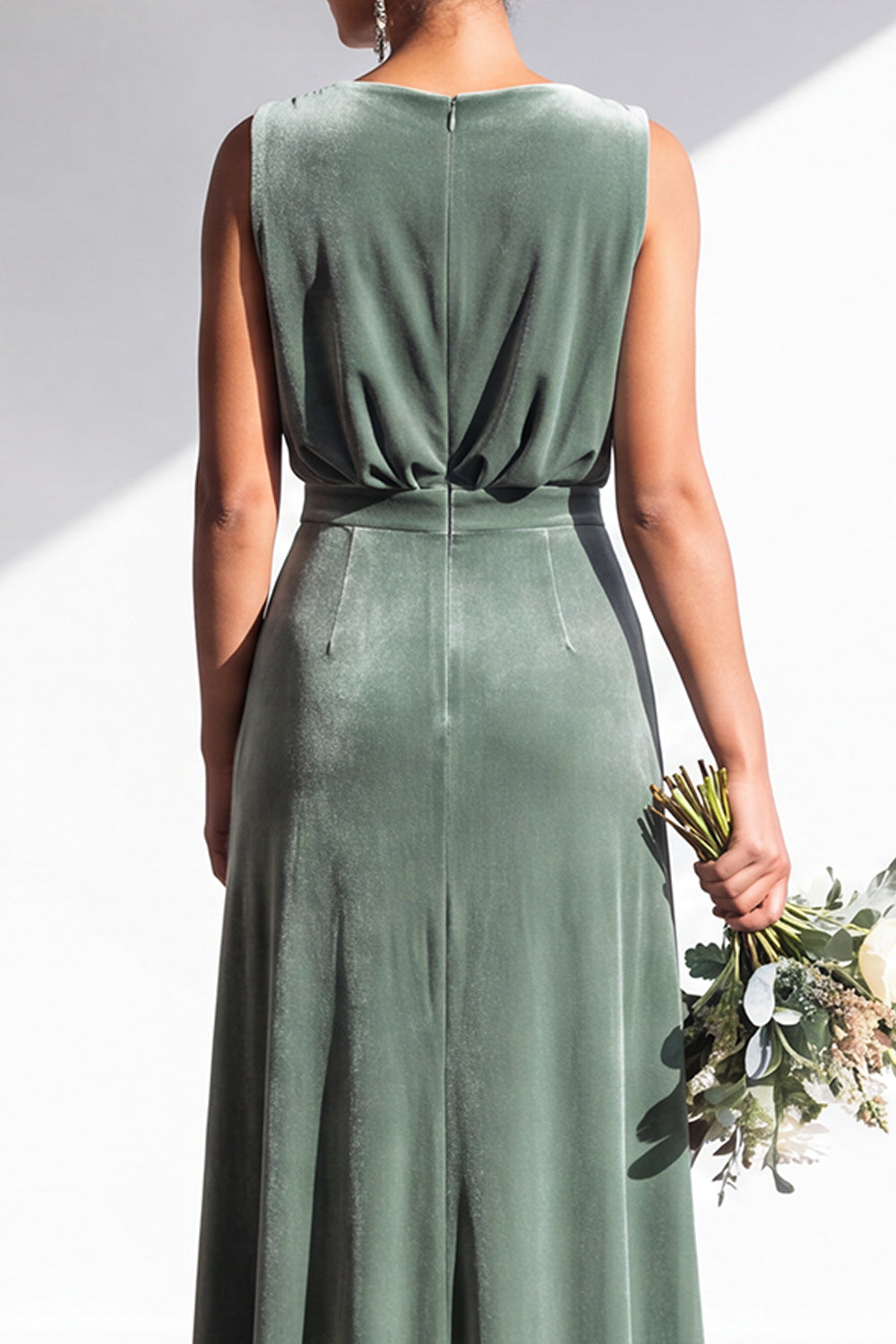 Terracotta Velvet Sheath V-Neck Long Wedding Guest Dress