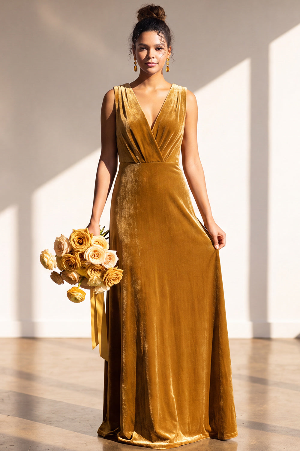 Terracotta Velvet Sheath V-Neck Long Wedding Guest Dress