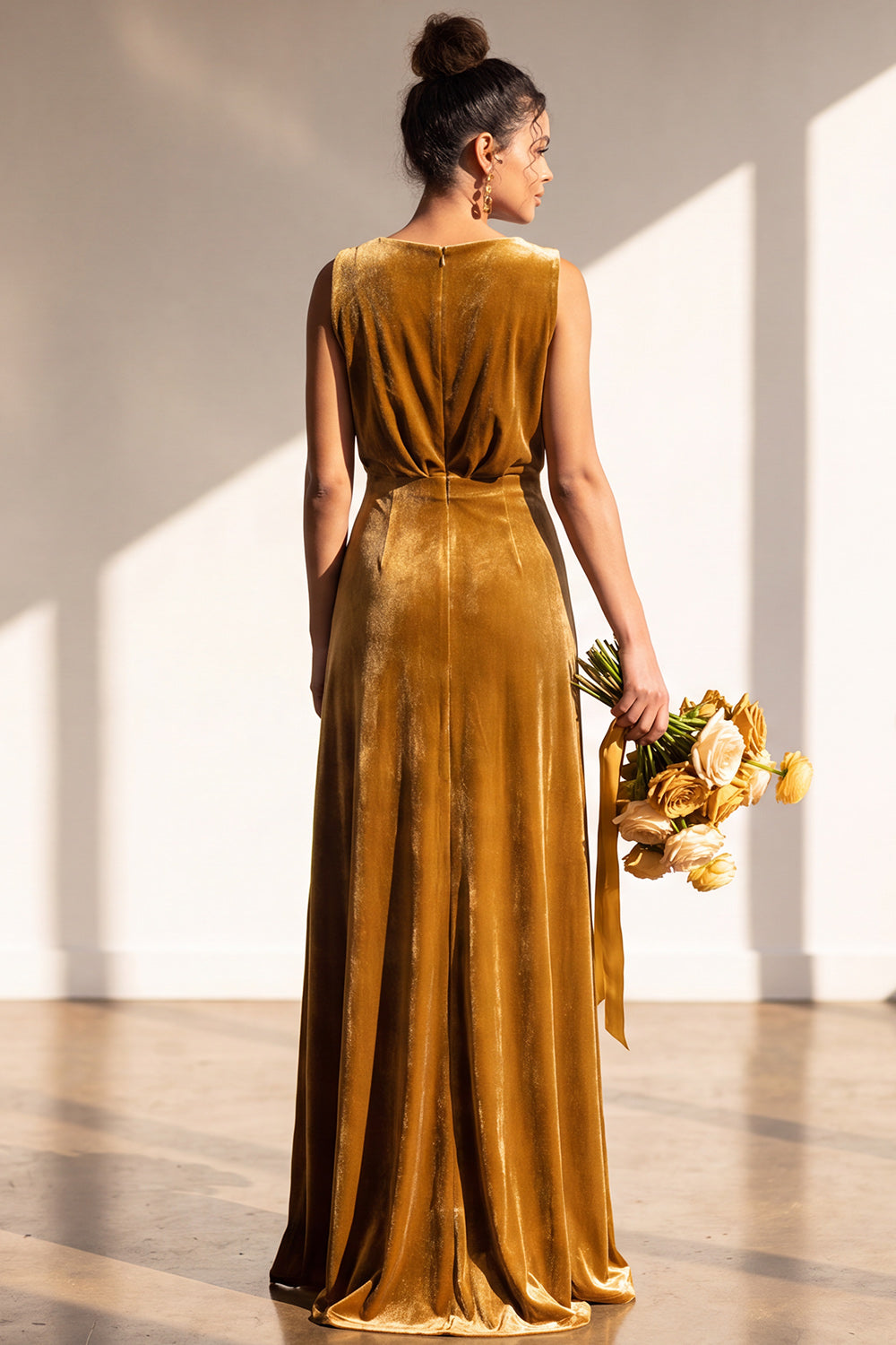 Terracotta Velvet Sheath V-Neck Long Wedding Guest Dress
