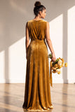 Terracotta Velvet Sheath V-Neck Long Wedding Guest Dress