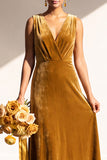 Terracotta Velvet Sheath V-Neck Long Wedding Guest Dress