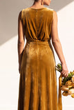 Terracotta Velvet Sheath V-Neck Long Wedding Guest Dress