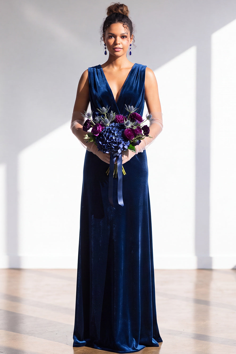 Terracotta Velvet Sheath V-Neck Long Wedding Guest Dress