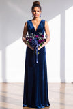 Terracotta Velvet Sheath V-Neck Long Wedding Guest Dress