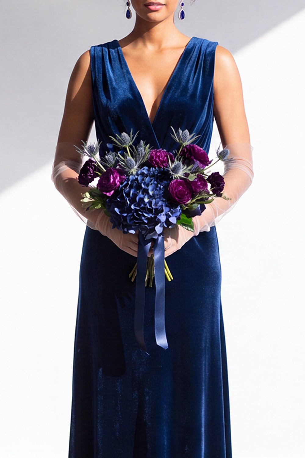 Terracotta Velvet Sheath V-Neck Long Wedding Guest Dress