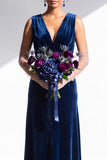 Terracotta Velvet Sheath V-Neck Long Wedding Guest Dress