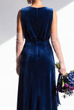 Terracotta Velvet Sheath V-Neck Long Wedding Guest Dress
