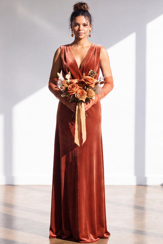 Terracotta Velvet Sheath V-Neck Long Wedding Guest Dress