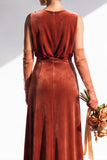 Terracotta Velvet Sheath V-Neck Long Wedding Guest Dress