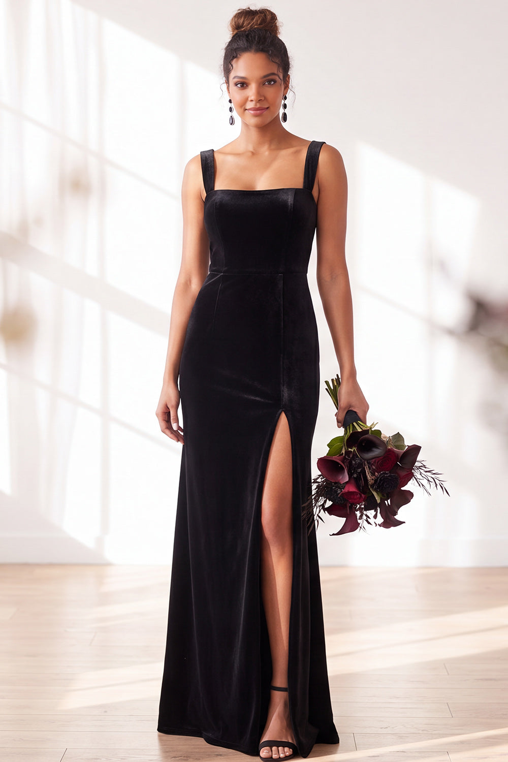 Dark Green Velvet Sheath Long Wedding Guest Dress with Slit