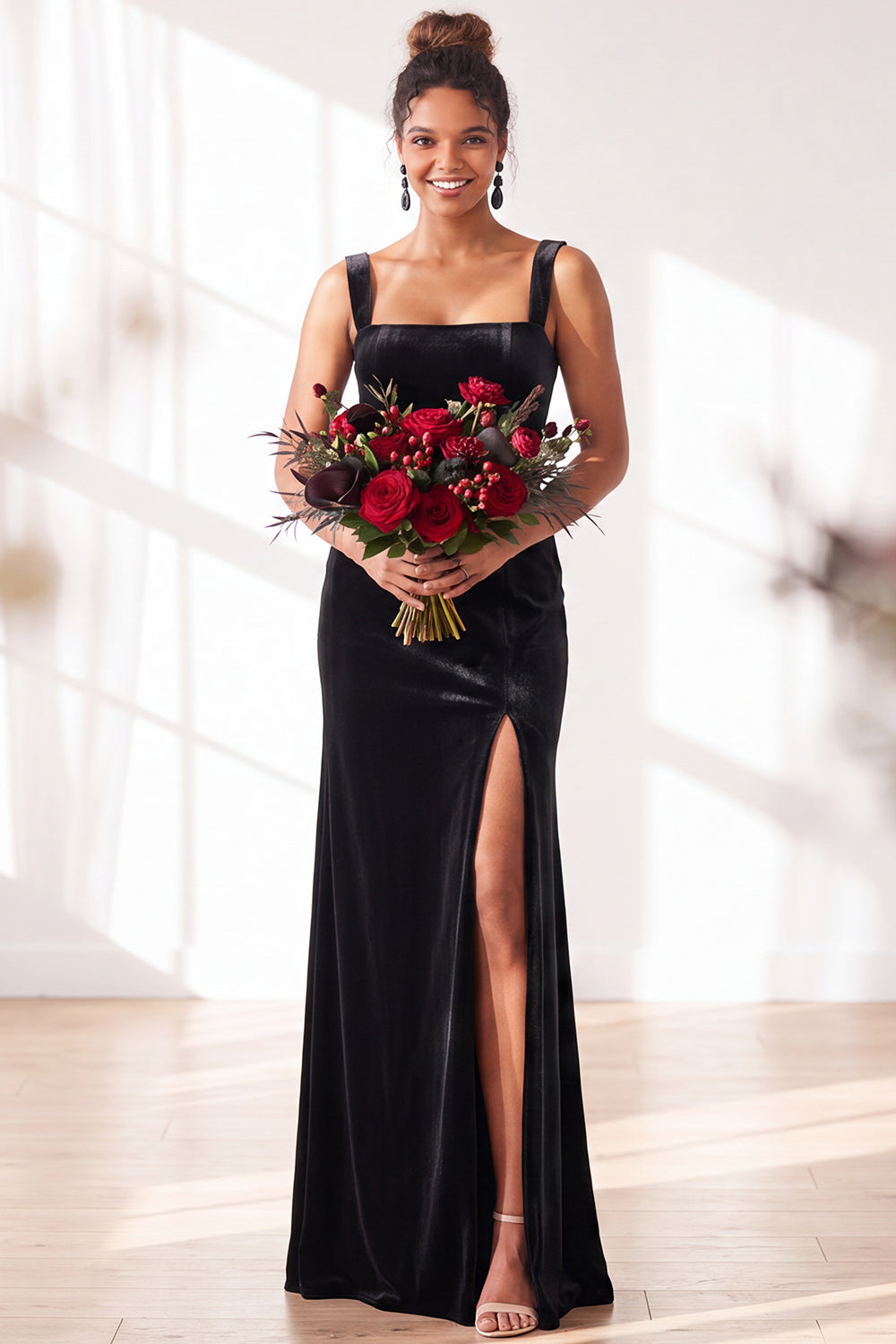 ZAPAKA Women Dusty Sage Long Bridesmaid Dress with Slit Velvet A-Line Square Neck Wedding Guest Dress, Dusty Sage / US4
