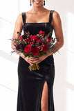 Dark Green Velvet Sheath Long Wedding Guest Dress with Slit