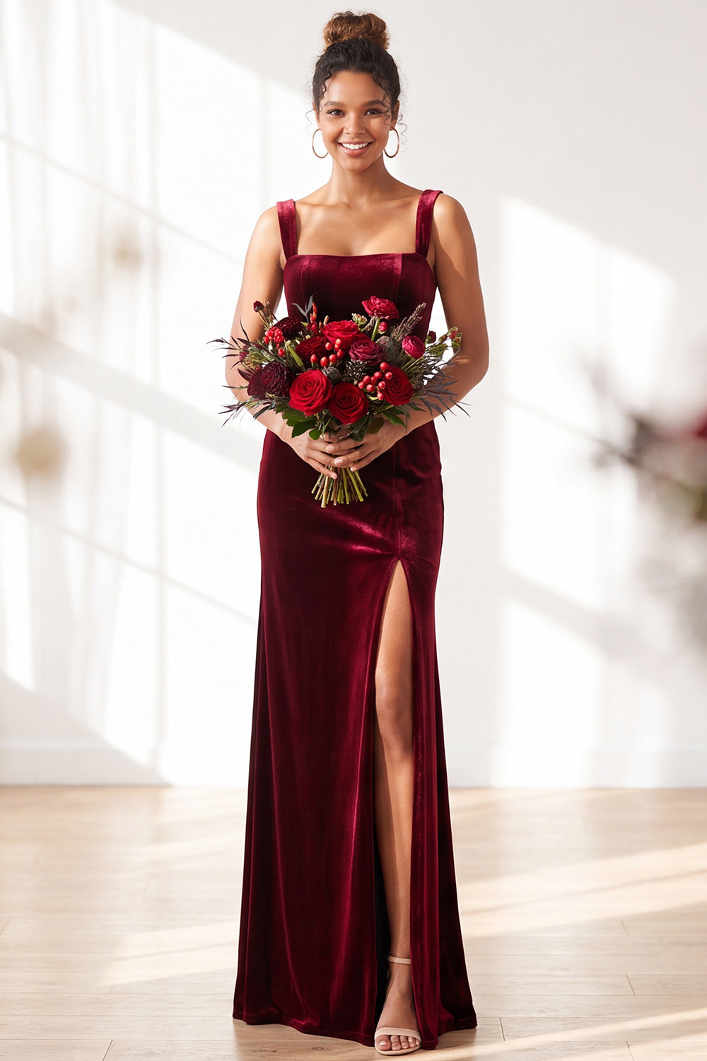 Dark Green Velvet Sheath Long Wedding Guest Dress with Slit