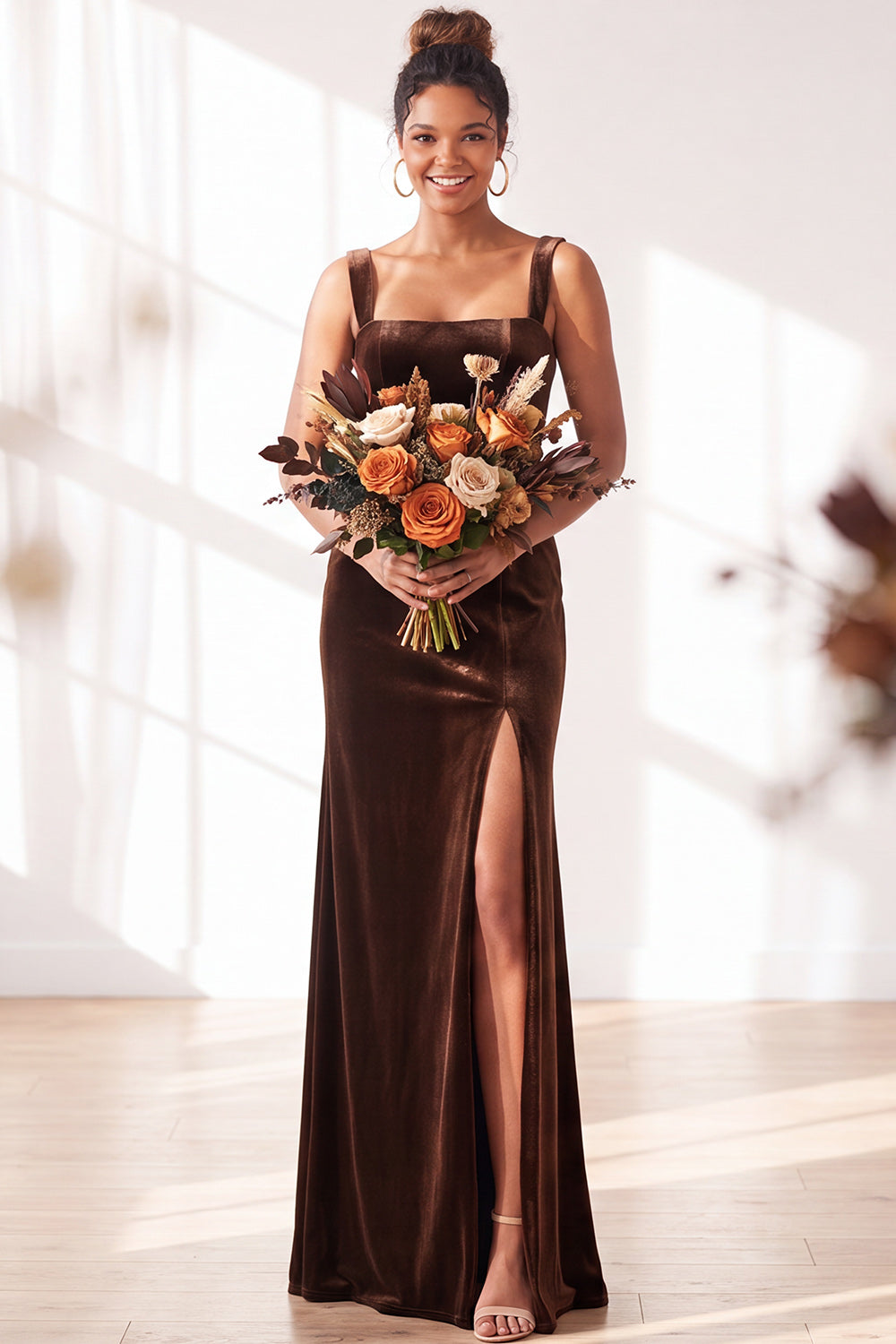 ZAPAKA Women Dusty Sage Long Bridesmaid Dress with Slit Velvet A-Line Square Neck Wedding Guest Dress, Dusty Sage / US4