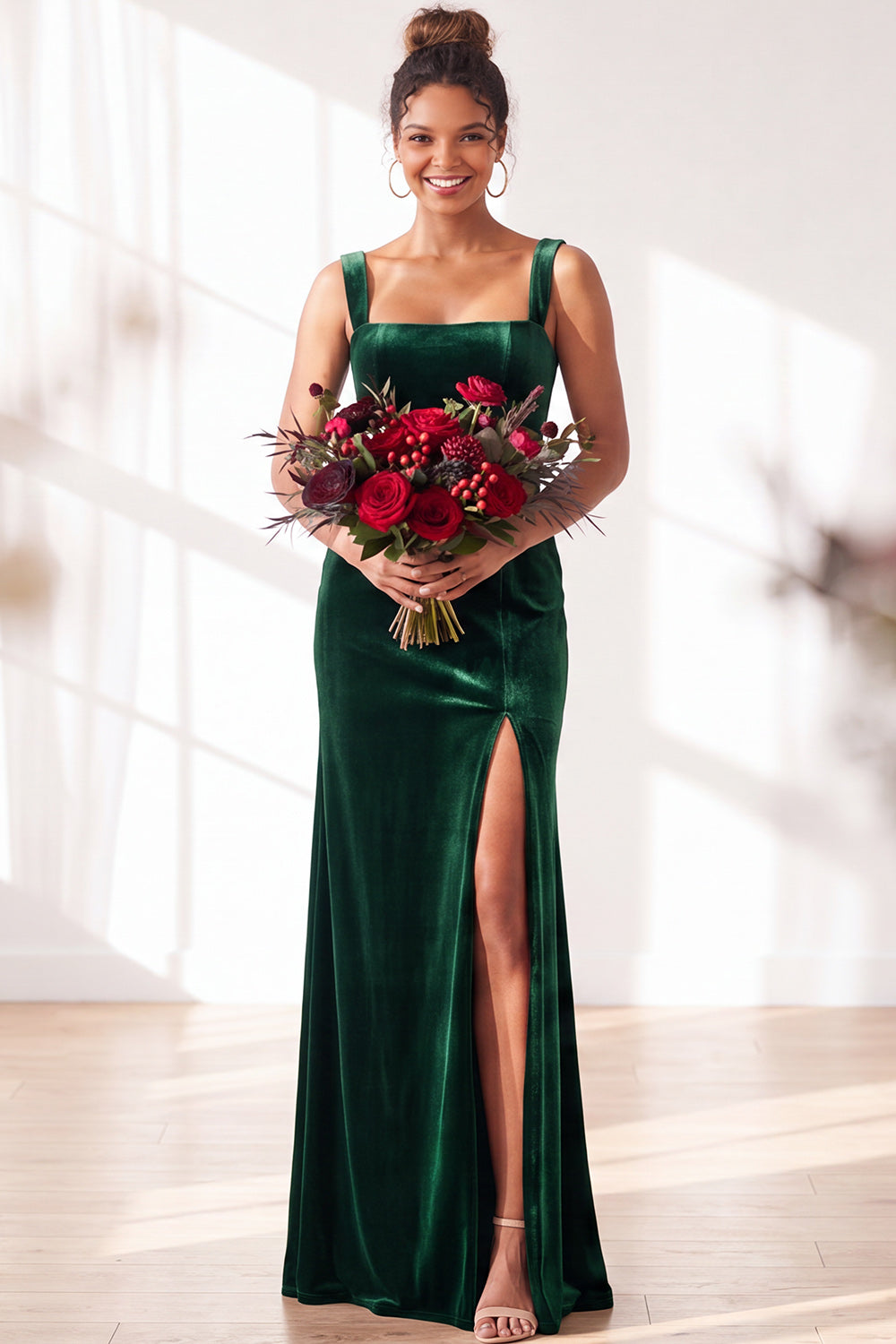 Dark Green Velvet Sheath Long Wedding Guest Dress with Slit