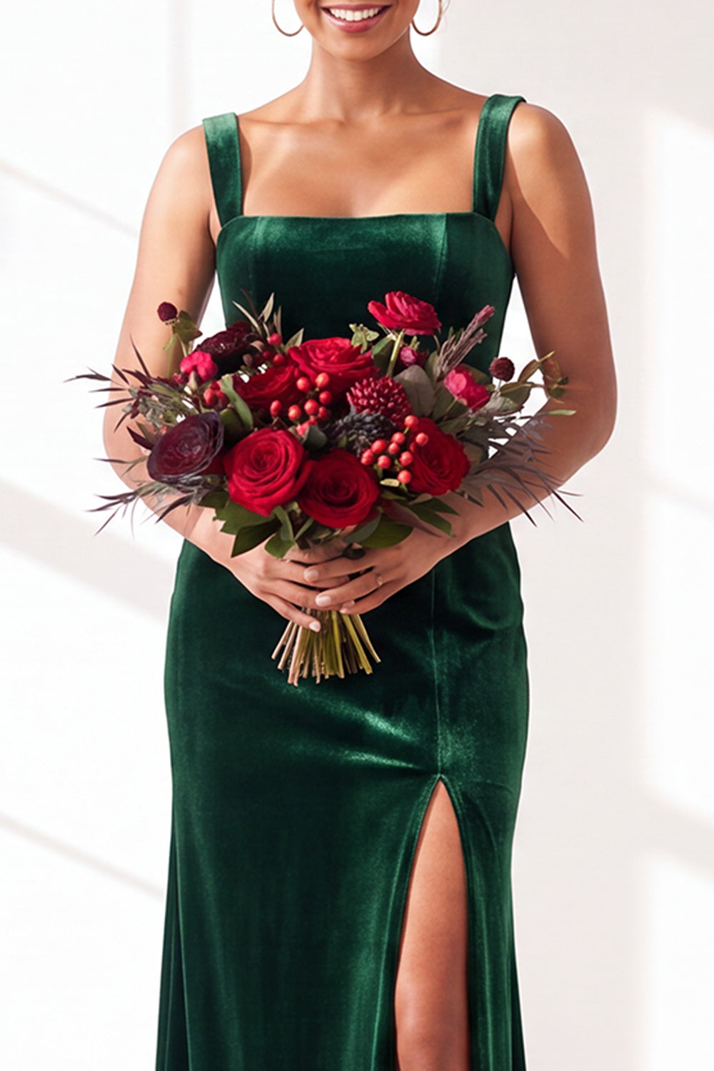 Dark Green Velvet Sheath Long Wedding Guest Dress with Slit