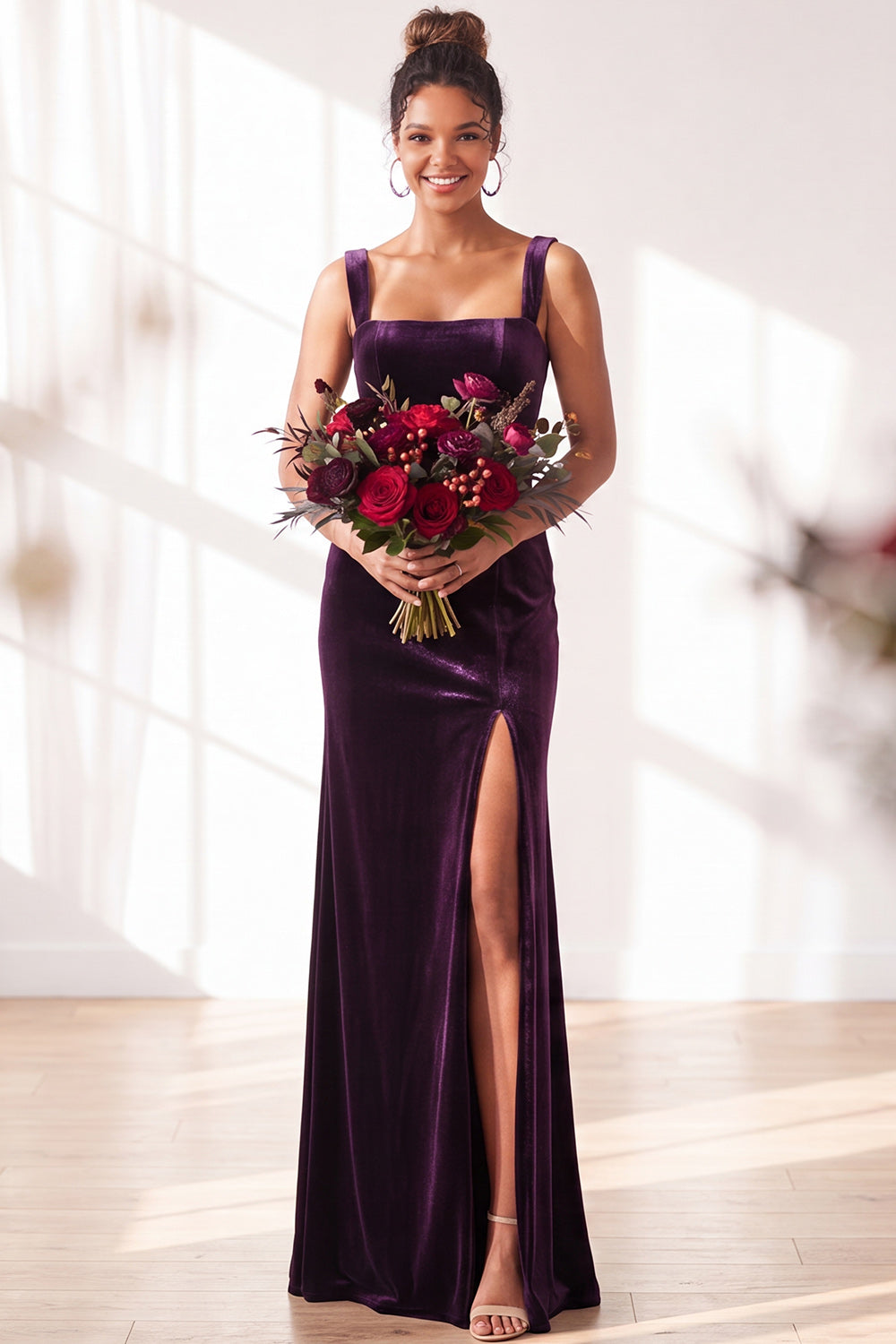 Dark Green Velvet Sheath Long Wedding Guest Dress with Slit