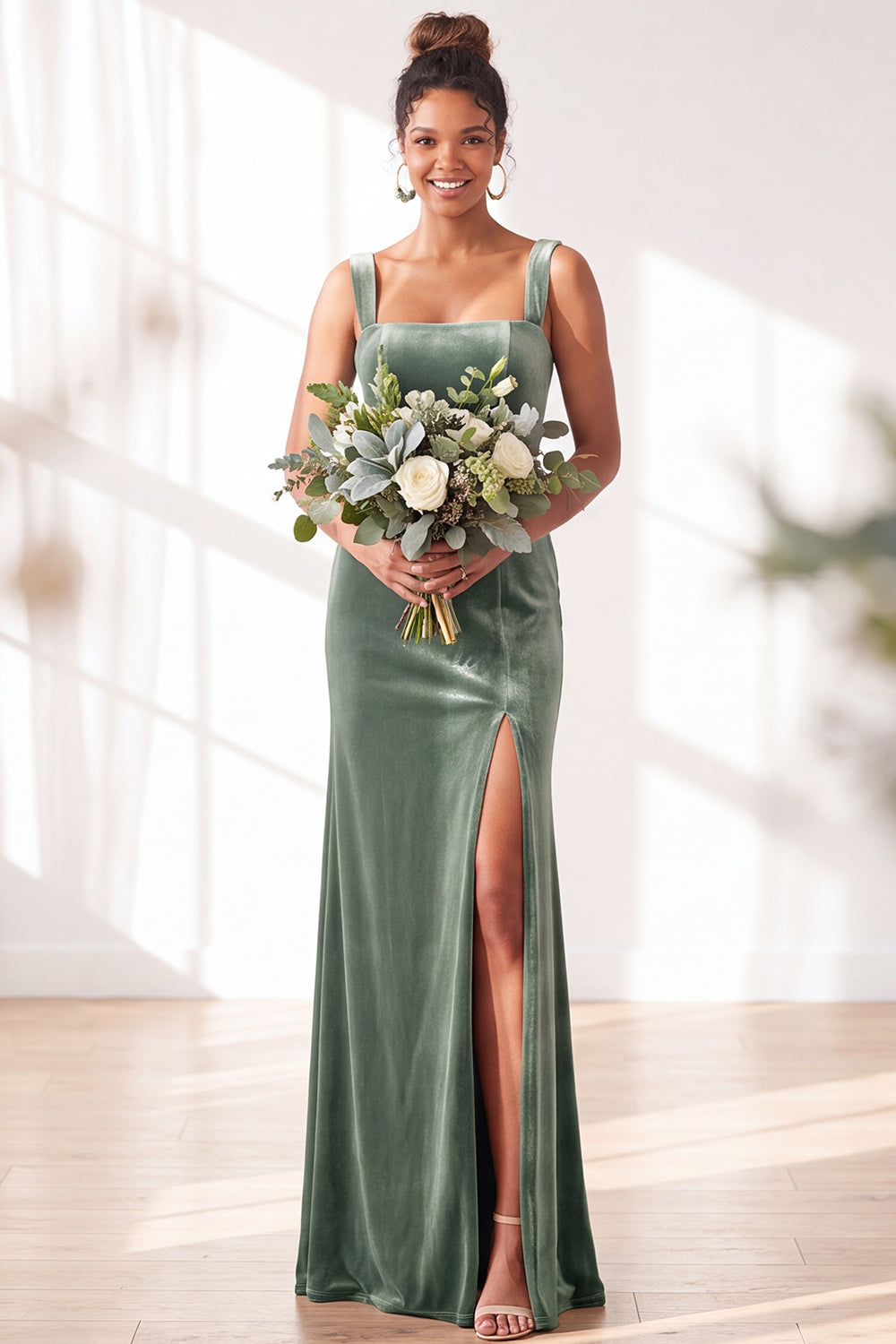 Zapakasa Women Dark Green Long Velvet Wedding Guest Dress with Slit Square Neck Sheath Bridesmaid Dress