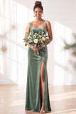 Dark Green Velvet Sheath Long Wedding Guest Dress with Slit