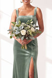 Dark Green Velvet Sheath Long Wedding Guest Dress with Slit