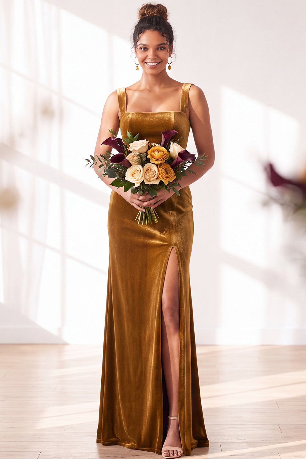 Zapakasa Women Dark Green Long Velvet Wedding Guest Dress with Slit Square Neck Sheath Bridesmaid Dress