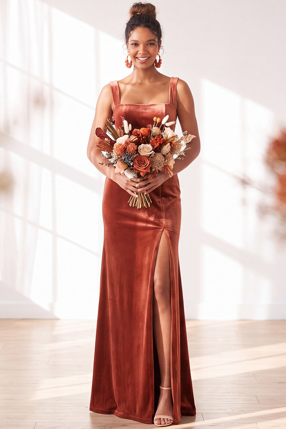 Zapakasa Women Dark Green Long Velvet Wedding Guest Dress with Slit Square Neck Sheath Bridesmaid Dress
