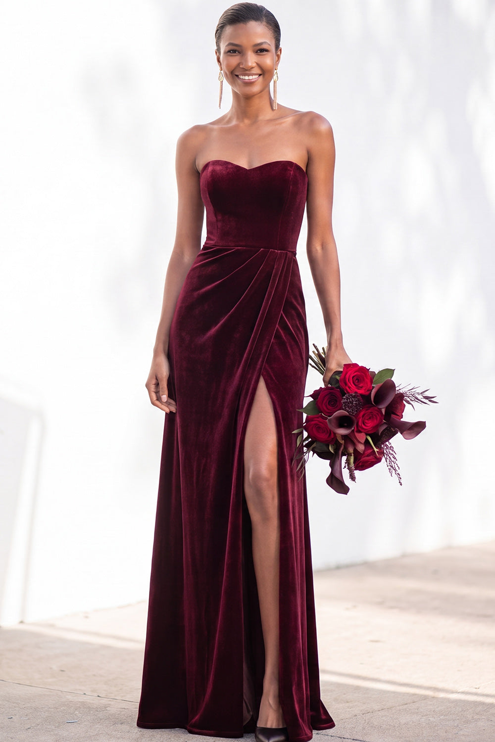 Sheath Navy Velvet Sweetheart Long Wedding Guest Dress with Slit