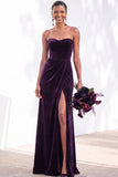 Sheath Navy Velvet Sweetheart Long Wedding Guest Dress with Slit