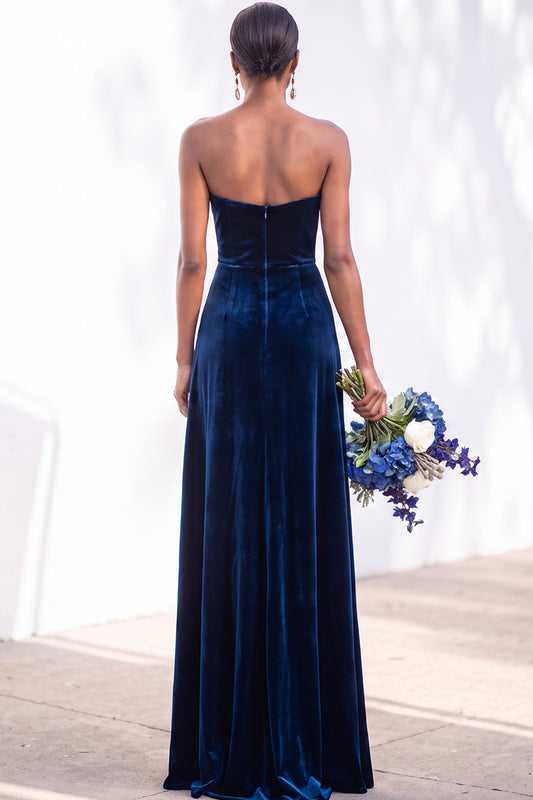 Sheath Navy Velvet Sweetheart Long Wedding Guest Dress with Slit