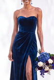 Sheath Navy Velvet Sweetheart Long Wedding Guest Dress with Slit