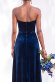 Sheath Navy Velvet Sweetheart Long Wedding Guest Dress with Slit