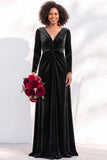 Terracotta Velvet Ruched Long Wedding Guest Dress with Sleeves