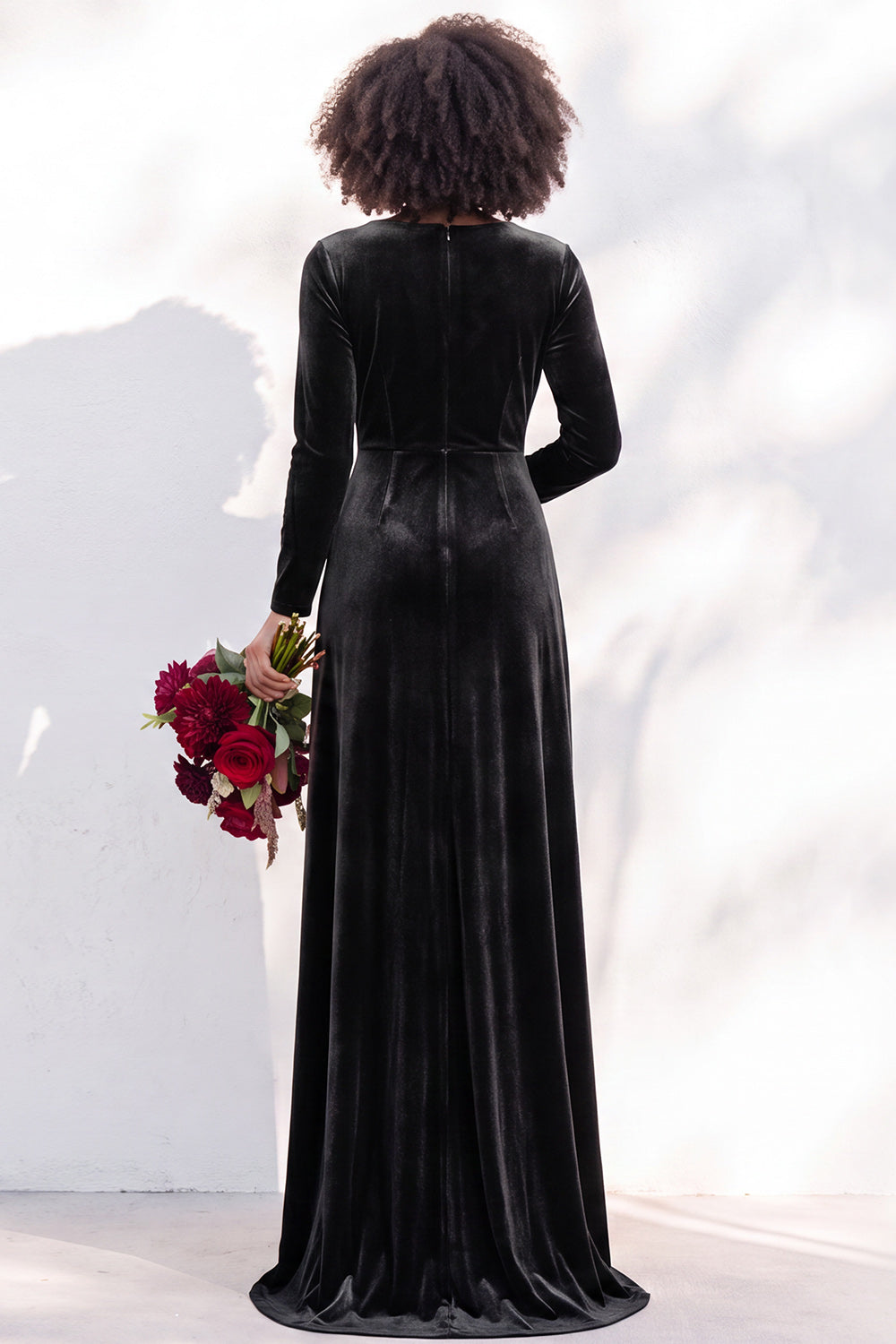 Terracotta Velvet Ruched Long Wedding Guest Dress with Sleeves